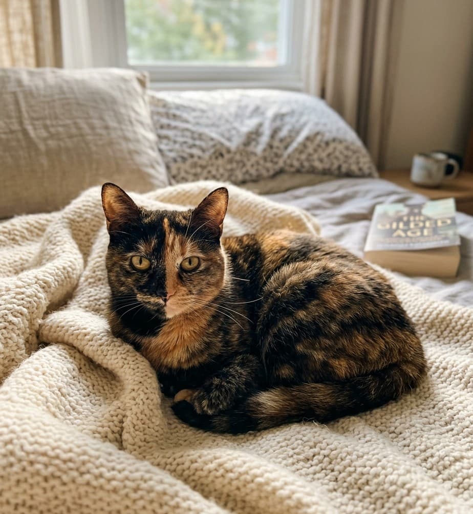 Cleo, a tortoiseshell cat curled on a cream knit blanket on the bed