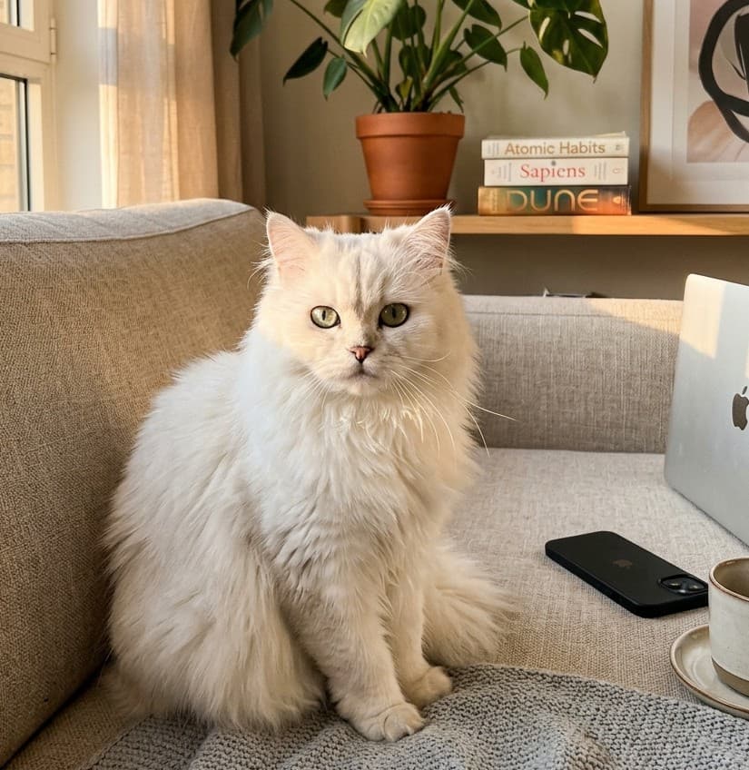 Mochi, a fluffy white long-haired cat on the sofa in soft window light