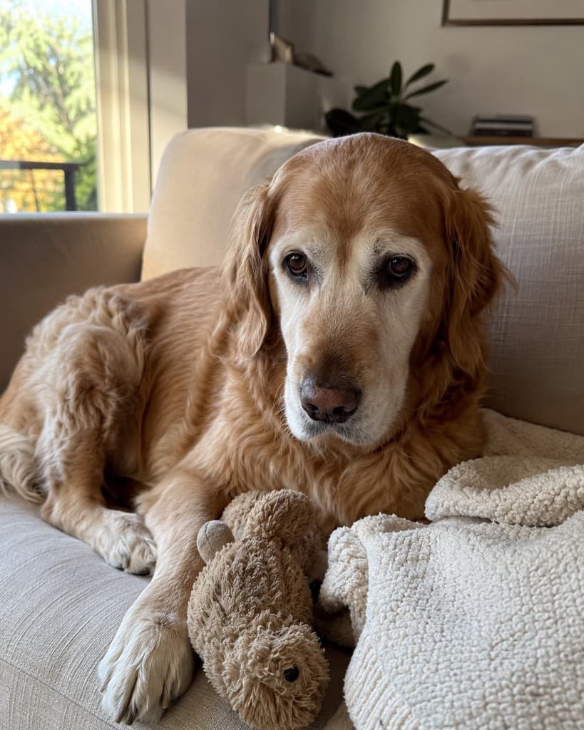 Oscar, a senior golden retriever resting on a sofa with a teddy bear