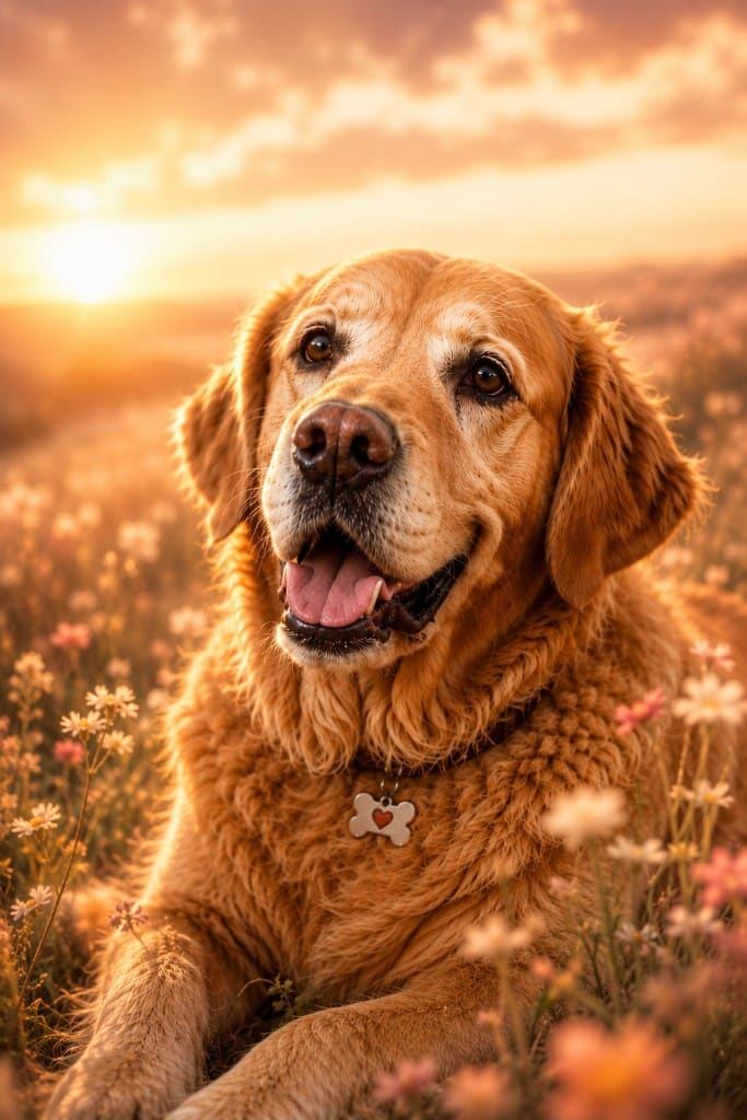 Golden retriever in wildflowers at golden hour — cinematic memorial tribute still